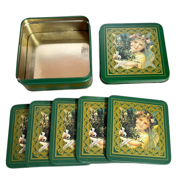 Vintage 1986 Enesco Christmas Greetings Angel Tin Box Cork Backed Coasters set - Picture 1 of 8